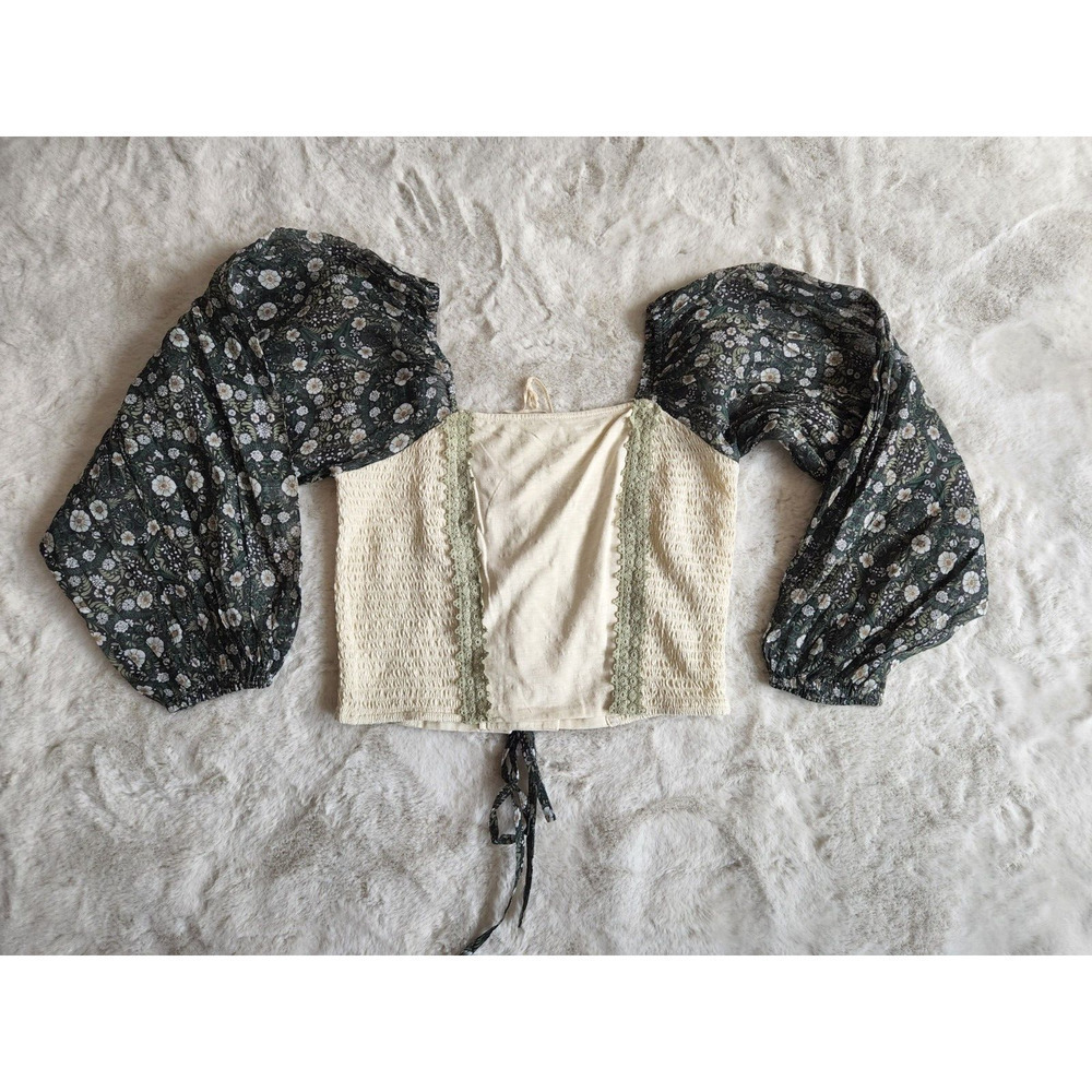 NWT Anthropologie Smocked Balloon-Sleeve Top size LP Moss green Cotton #G3410 - Picture 4 of 12